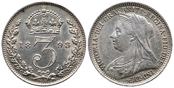 Великобритания 3 пенса 1893 Виктория (1837-1901) KM 777, Spink 3942 серебро UNC 1518-1213