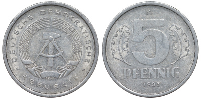 ГДР 5 ПФЕННИГОВ 1983 A КМ 9.2 алюминий 62-526