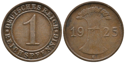 ГЕРМАНИЯ 1 РЕЙХСПФЕННИГ 1925 E KM 37, J. 313 бронза 39-923