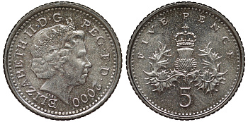 Великобритания 5 пенсов 2000 Елизавета II (1952-2022) KM 988, Spink 4670 (D5) медно-никель UNC 4124-658