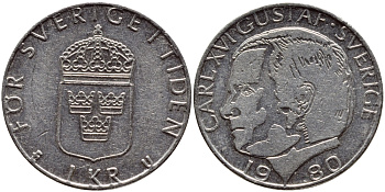 Швеция 1 крона 1980 Карл XVI Густав (1973- ) KM 852 медь плакированная медно-никелем 4397-933