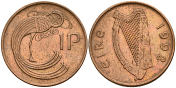 Ирландия 1 пенни 1992 мифологическая птица лира KM 20a бронза 4141-242