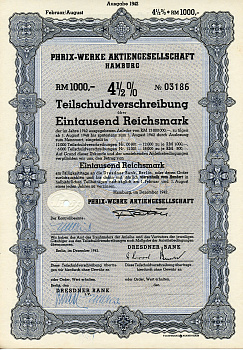 Германия 1000 рейхсмарок 1942 АО Phrix-Werke, Гамбург, 4 1/2% облигация   бумага 8804-107-1