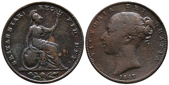 Великобритания 1 фартинг 1847 Виктория (1837-1901) KM 725, Spink 3950 медь  1518-1033