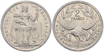 Французская Новая Каледония 2 франка 1989 птица кагу, (IEOM) KM 14, Schoen 11, Lec 65 алюминий    27-1117