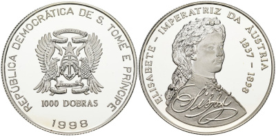 Сан-Томе и Принсипи 1000 добра 1998 Елизавета - императрица Австрии (1837-1898) KM 114 серебро PROOF 00-000-00