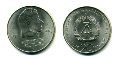 ГДР 20 марок 1972 А, Фридрих Шиллер (1759-1805) KM 40 медно-никель UNC 179-213