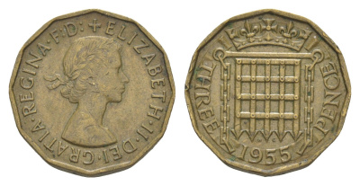 Великобритания 3 пенса 1955 Елизавета II (1952-2022) KM 900, Spink 4153 никель латунь 4571-631