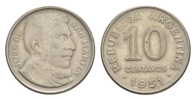 Аргентина 10 сентаво 1951 KM 47 медно-никель 4636-316