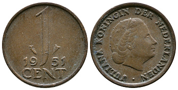 Нидерланды 1 цент 1951 Юлиана (1948-1980) КМ 180 бронза 75-1213