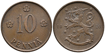 Финляндия 10 пенни 1920 республика (1918-1962) KM 24 медь 34-1036