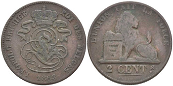 БЕЛЬГИЯ 2 САНТИМА 1863 BELGES, ЛЕОПОЛЬД I (1831-1865) KM 4.2 медь 119-316
