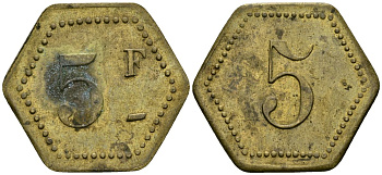 Франция 5 франков XIX-XX век ресторанный жетон латунь 4166-1022
