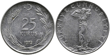 Турция 25 курушей 1973 KM 892.3 нержавеющия сталь 4541-643