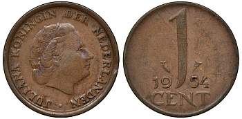 Нидерланды 1 цент 1954 Юлиана (1949-1980) KM 180 бронза 72-1033
