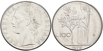 Италия 100 лир 1978 R, Афина в доспехах KM 96.1 сталь    4599-1123