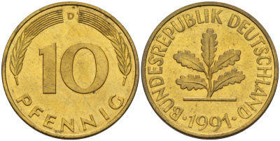 ФРГ 10 пфеннигов 1991 D KM 108, J. 383 сталь плакированная латунью 4175-956