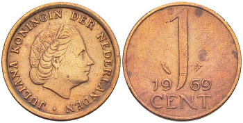 НИДЕРЛАНДЫ 1 ЦЕНТ 1969 ЮЛИАНА (1948-1980) KM 180 бронза 3309-338