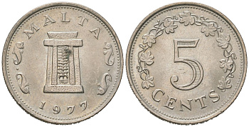 Мальта 5 центов 1977 Ритуальный алтарь в храме Хаджар-Ким KM 10 медно-никель aUNC 4511-135