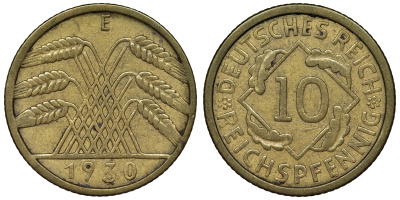 Германия 10 рейхспфеннигов 1930 E KM 40, J. 317 алюминиевая бронза 4121-926