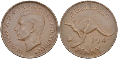 Австралия 1 пенни 1941 KG, Георг VI (1936-1952), кенгуру KM 36 бронза 4512-1125