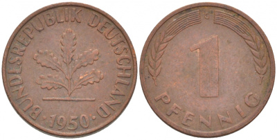ФРГ 1 ПФЕННИГ 1950 G KM 105, J.380 сталь плакированная медью 112-925