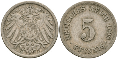 Германия 5 пфеннигов 1908 D KM 11, Jager 12, Weege 6 медно-никель 4364-4556