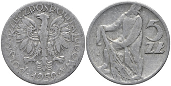 Польша 5 злотых 1959 MW, рыбак KM 47 алюминий 81-723