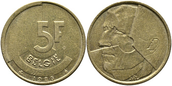 БЕЛЬГИЯ 5 ФРАНКОВ 1986 BELGIE KM 164 латунь или алюминиевая бронза 65-1144