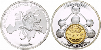 НИДЕРЛАНДЫ МЕДАЛЬ ND МОНЕТА НА МЕДАЛИ, СЕРИЯ ДОЕВРОВЫЕ ЕВРОПЕЙСКИЕ МОНЕТЫ, БЕЛЬГИЯ, МОДЕЛЬ АТОМА, 50 САНТИМОВ серебрение PROOF 1090-1-41
