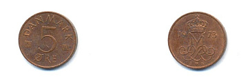 Дания 5 эре 1973 S; B, Маргрете II (1972- ) KM 859.1 железо плакированное медью 4379-745