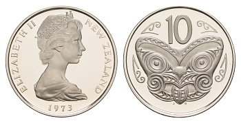 Новая Зеландия 10 центов 1973 тираж 8.000 экземпляров KM 41 медно-никель PROOF 4127-1342