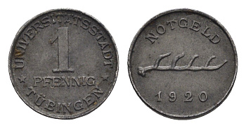 Тюбинген 1 пфенниг 1920 Funck 551.7, Men05 25330.11, Men18 31711.11 железо 4396-1048