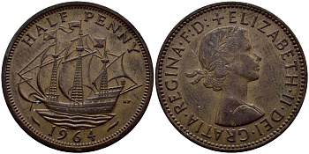 Великобритания 1/2 пенни 1964 Елизавета II (1952-2022) KM 896, Spink 4158 бронза 51-2447