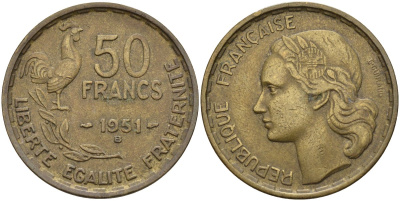 Франция 50 франков 1951 B, петух KM 918.1, Le Franc 425.5 алюминиевая бронза 4144-432