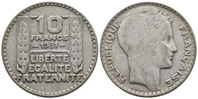 Франция 10 франков 1934 Пьер Тюрен KM 878, Le Franc 360.7 серебро 3461-153