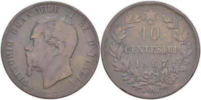 Италия 10 чентезимо 1867 OM, Виктор Эммануил II (1861-1878) KM 11.5 медь 4526-916