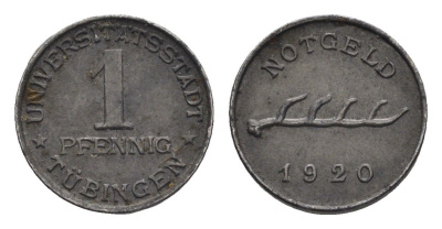 Тюбинген 1 пфенниг 1920 Funck 551.7, Men05 25330.11, Men18 31711.11 железо 4396-1048