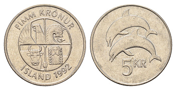 Исландия 5 крон 1992 дельфины KM 28 медно-никель 4691-415