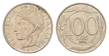 Италия 100 лир 1994 R, дельфины KM 159 медно-никель 4148-744