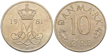 ДАНИЯ 10 ЭРЕ 1981 B; B, МАРГРЕТЕ II (1972-) KM 860.2 медно-никель 116-251