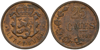 Люксембург 25 сантимов 1947 Шарлотта (1918-1964) KM 45 бронза 4532-867