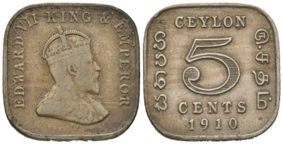 Цейлон 5 центов 1910 KM 103 медно-никель 4621-137