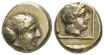 о-в Лесбос, Митилена гекта (1/6 статера) 417-378 гг. до н.э. голова Ио/голова Диониса, 2,53 гр, ex. Kuenker 2011 год Bodenstedt 77 электр 00-000-00