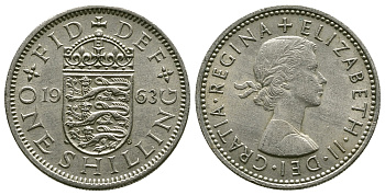 Великобритания 1 шиллинг 1963 Елизавета II (1952-2022), Английский герб KM 904, Spink 4147 медно-никель 4384-455