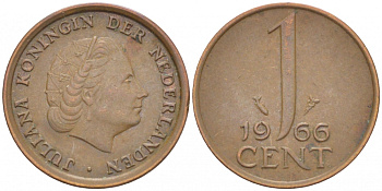НИДЕРЛАНДЫ 1 ЦЕНТ 1966 ЮЛИАНА KM 180 бронза 3457-1217