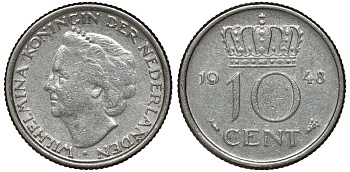 Нидерланды 10 центов 1948 Вильгельмина (1895-1948) KM 177 никель 72-1662