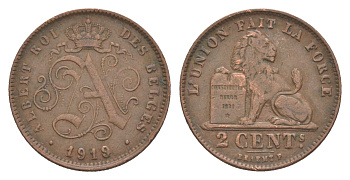 Бельгия 2 сантим 1919 Belges, Альберт I (1909-1934) KM 64 медь 4615-812