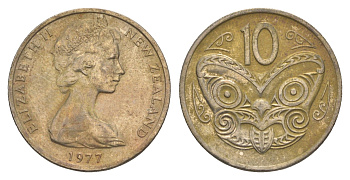 Новая Зеландия 10 центов 1977 Елизавета II (1952-2022), маска маори KM 41 медно-никель 4652-641