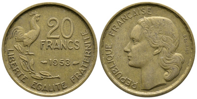 ФРАНЦИЯ 20 ФРАНКОВ 1953 ПЕТУХ KM 917.1 алюминиевая бронза 4364-3712